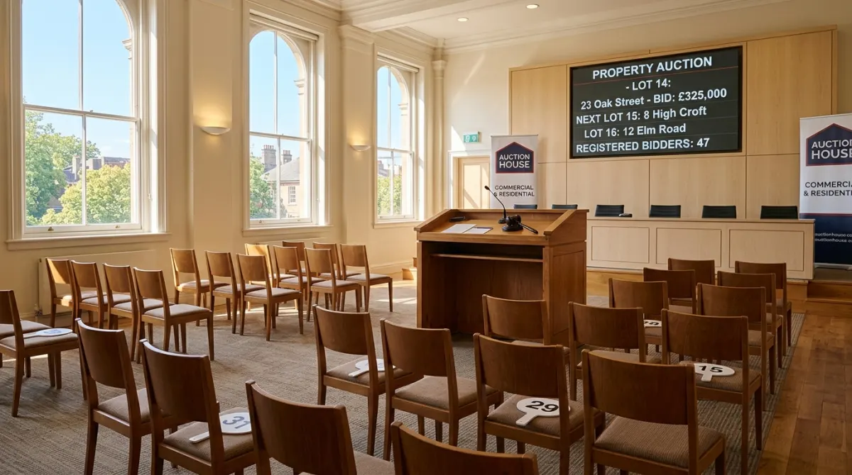 Property auction room with gavel, lot display board and bidding paddles in natural daylight