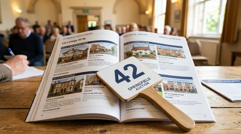 Property auction catalogue with bidding paddle on table