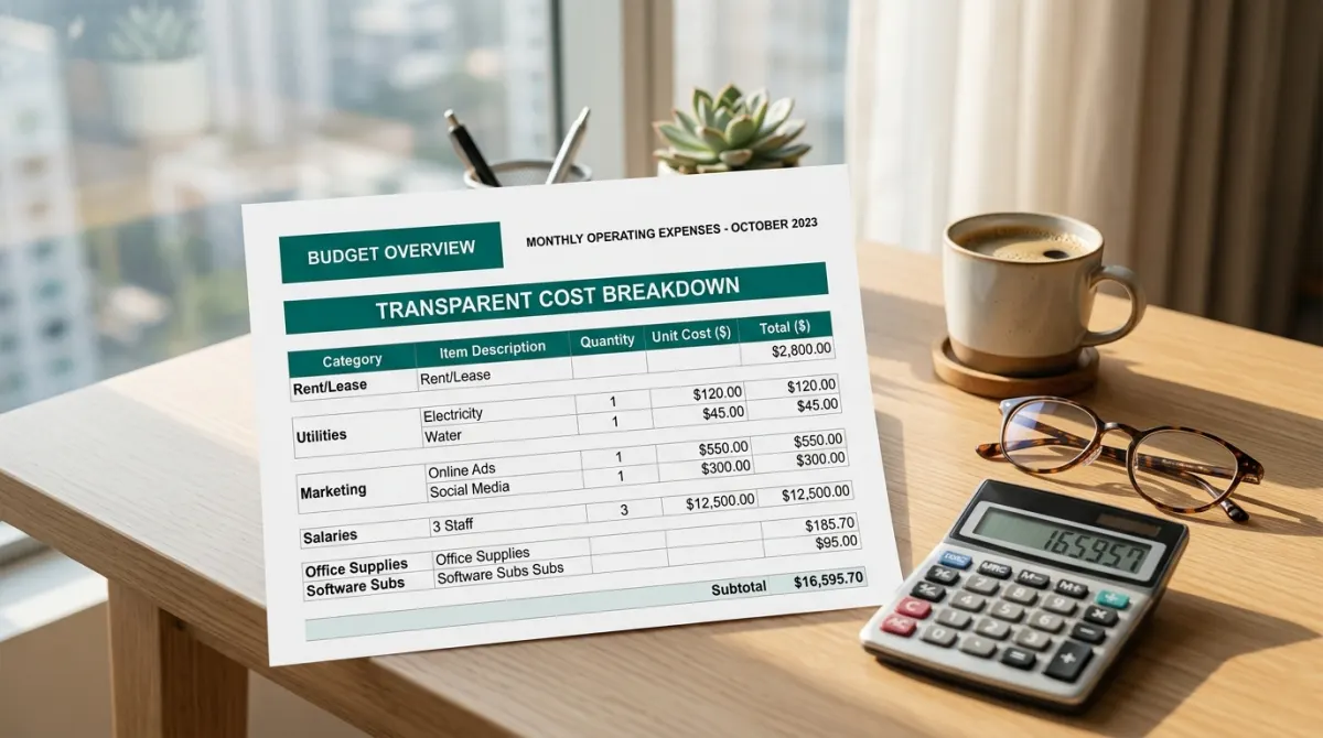 Professional desk with transparent cost breakdown document, calculator and reading glasses