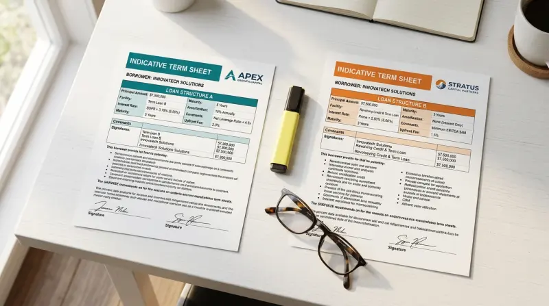 Two indicative term sheets being compared side by side on a desk