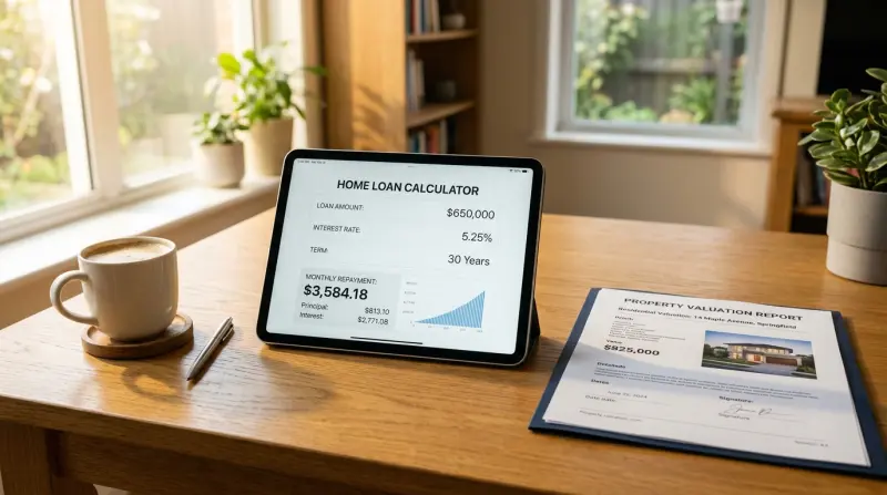 Calculator showing loan repayment figures next to property valuation document