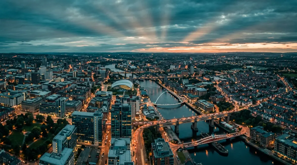 Aerial view of a UK city centre at dusk showing commercial buildings and residential terraces with dramatic sky