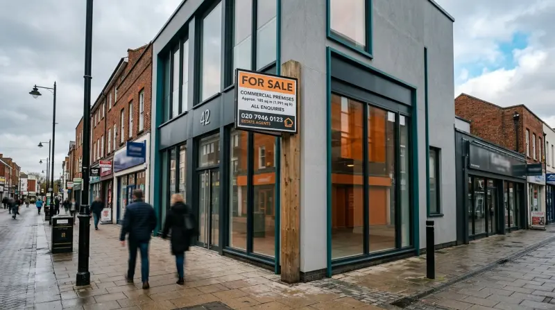 Estate agent for sale sign outside a refurbished commercial property