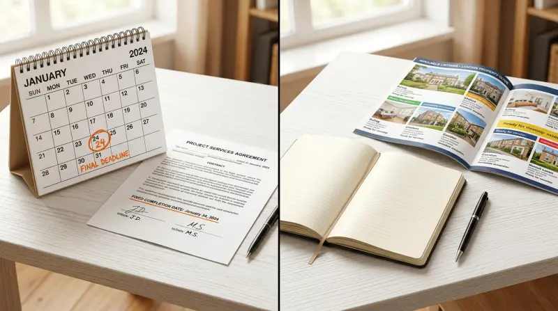 Split-screen comparison showing a calendar with a fixed date versus an open diary representing closed and open bridging loans