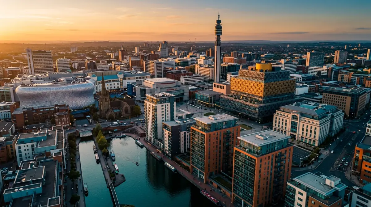 Birmingham city centre skyline with the Library of Birmingham, BT Tower and new-build towers at golden hour