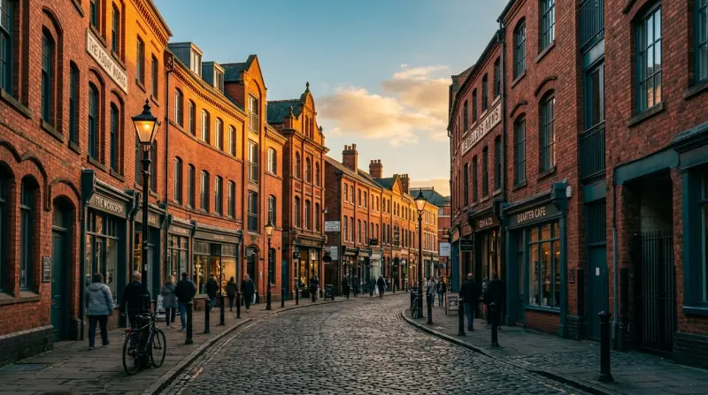 Birmingham Jewellery Quarter street scene with period red brick buildings and independent shops