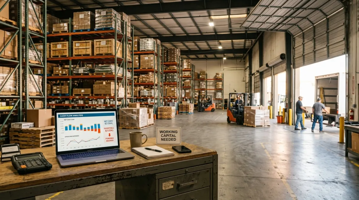 Commercial warehouse interior with cash flow chart on laptop screen
