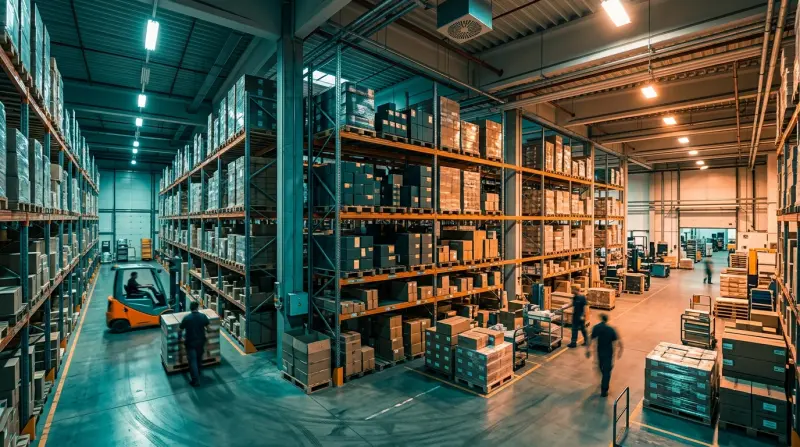 Commercial warehouse interior with stock on shelving units
