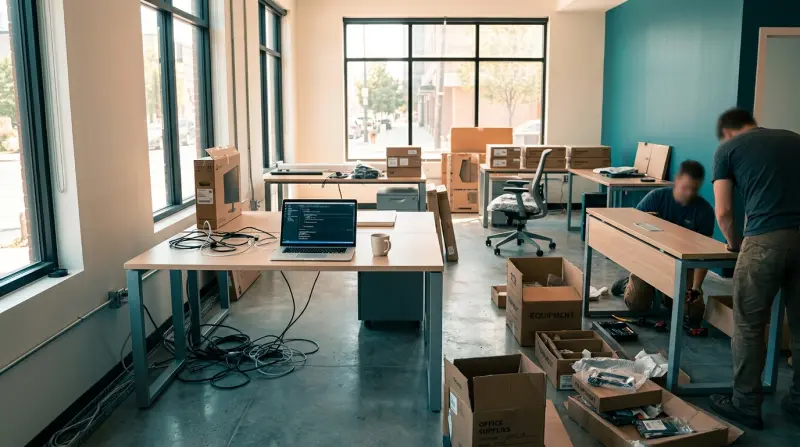 Modern small business office being set up with new equipment