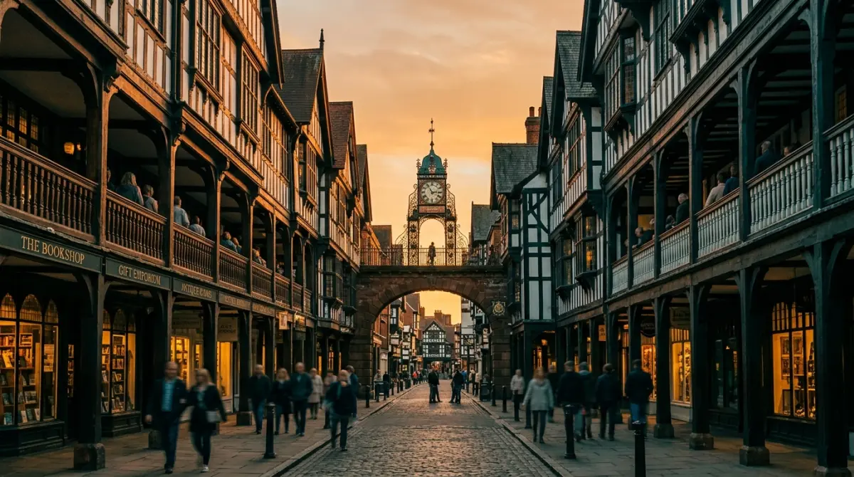 Chester rows timber-framed black and white Tudor buildings along Eastgate Street at golden hour