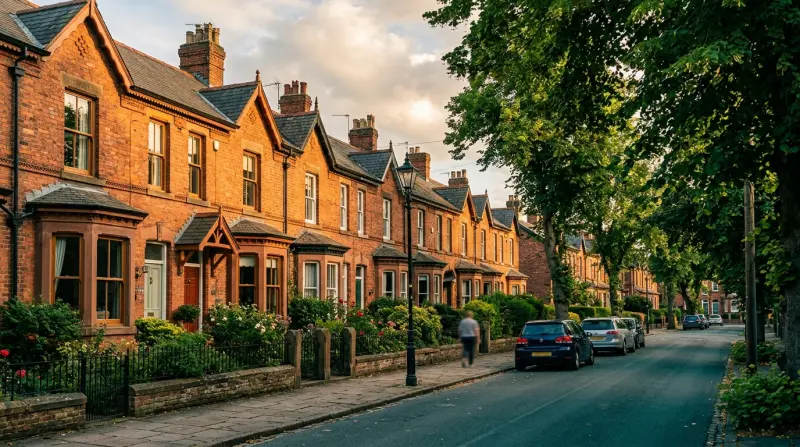 Chester Victorian terraced houses on a residential street with bay windows and stone front walls