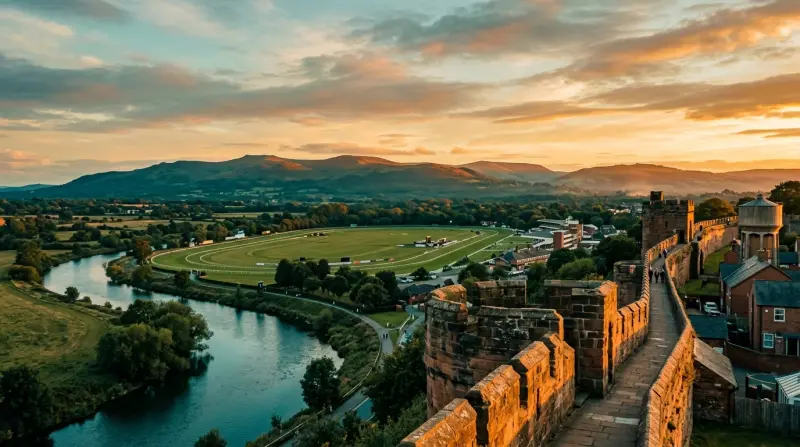 Chester city walls with a view across the racecourse towards the Welsh hills in the distance