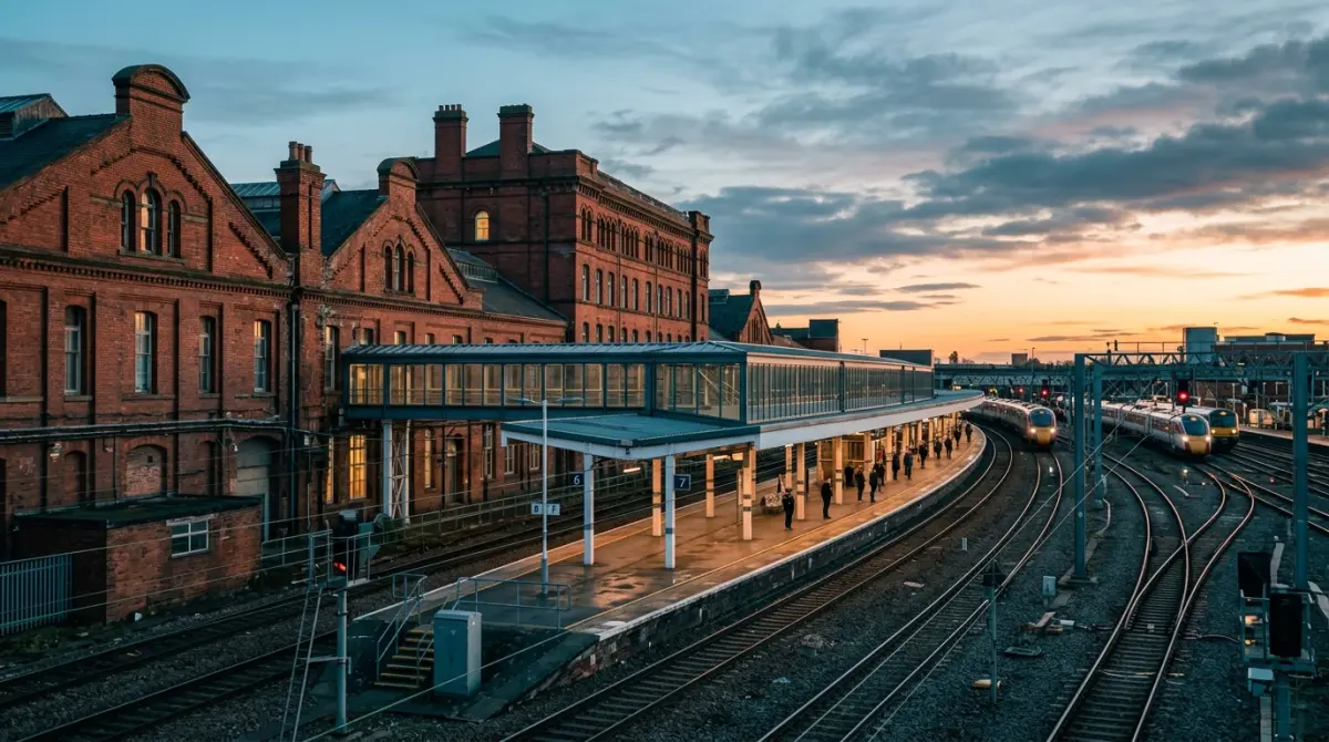 Aerial view of Crewe railway junction and surrounding commercial property at dusk