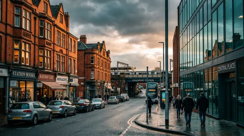 Commercial buildings near Crewe railway station with modern and Victorian architecture