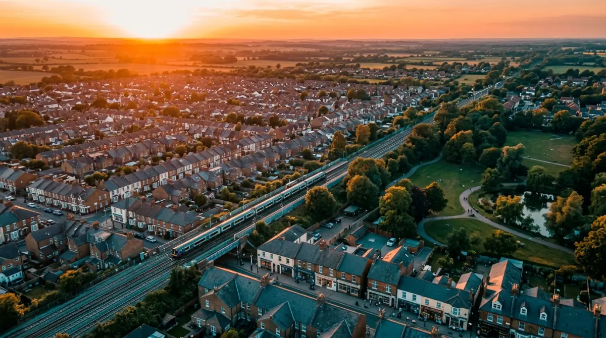 Aerial view of a typical Essex commuter town at sunset with railway line and period housing stock