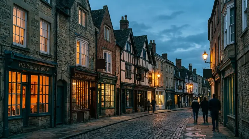 Chelmsford high street with period commercial buildings and shoppers at dusk