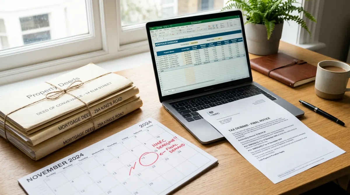 Professional desk with HMRC tax demand letter, deadline calendar, and property deeds