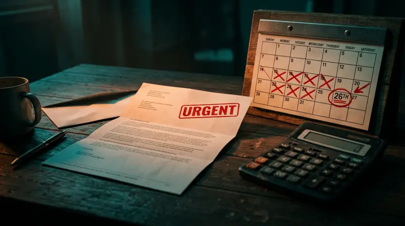 HMRC tax demand letter with urgent stamp and deadline calendar