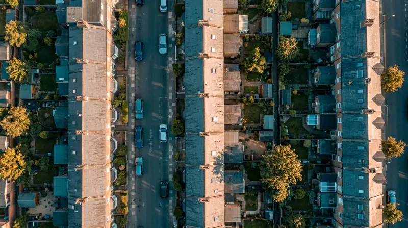 Aerial view of residential investment properties at golden hour