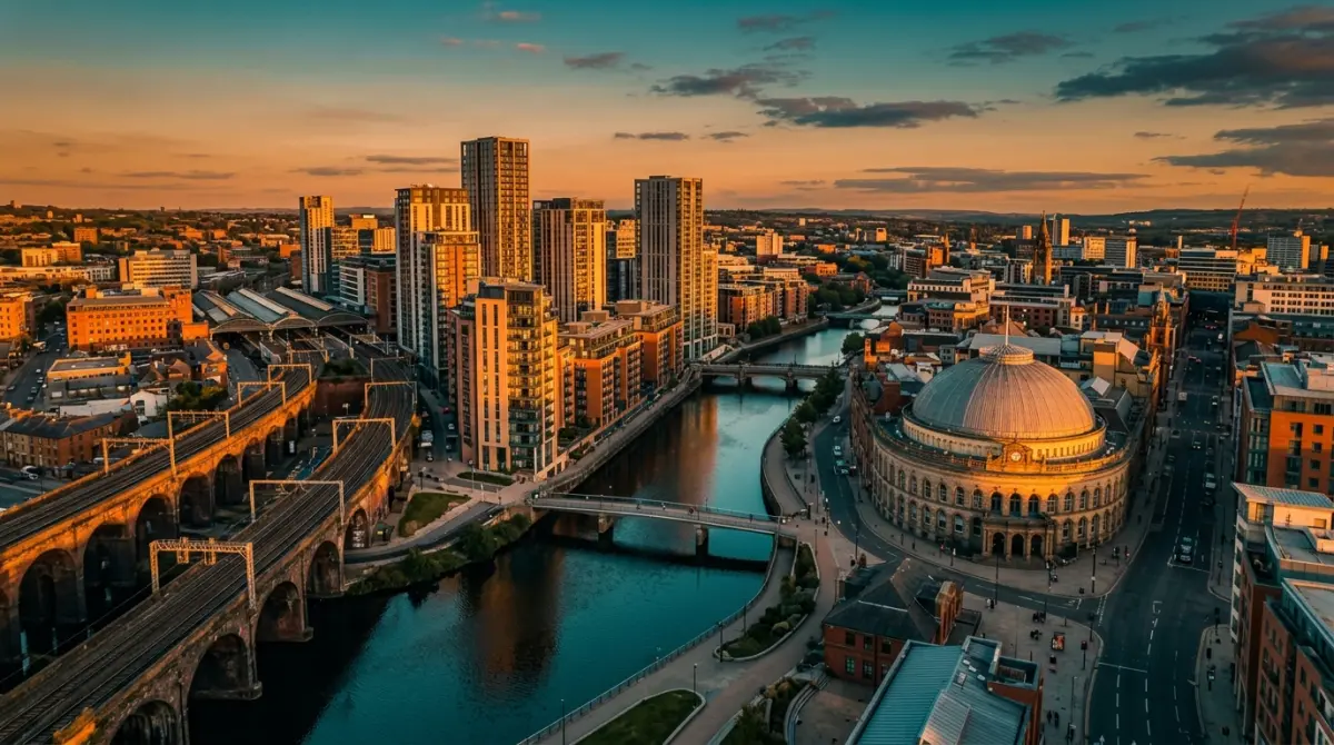 Leeds city centre skyline with the Dark Arches, the river Aire and modern residential towers at golden hour