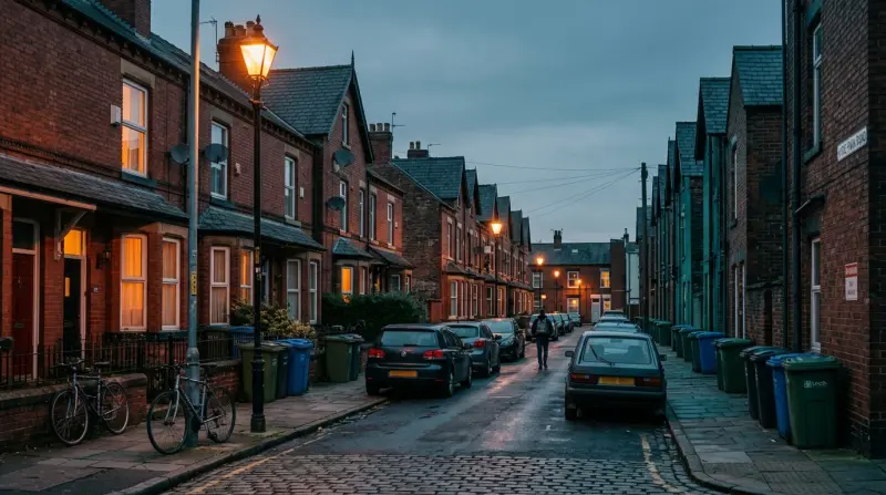 Victorian back-to-back and through-terrace houses in a Leeds student neighbourhood at dusk with bikes and wheelie bins outside