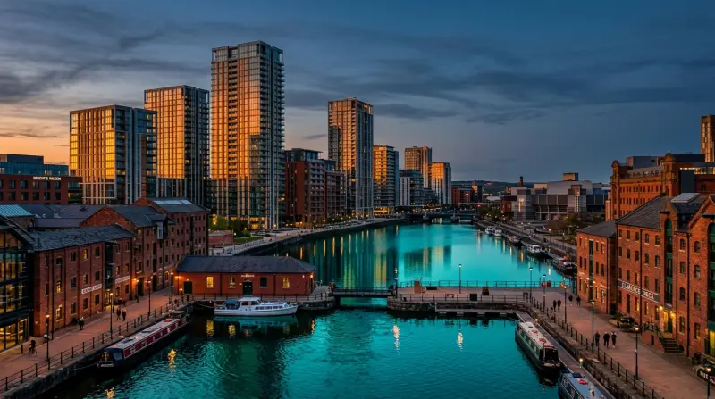 Modern residential towers along the Leeds South Bank with the river Aire in the foreground at dusk