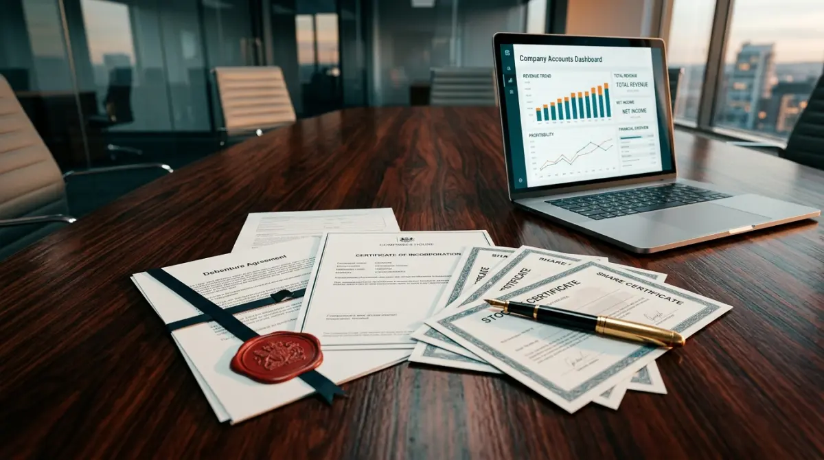 Companies House debenture agreement with wax seal and share certificates on a boardroom table