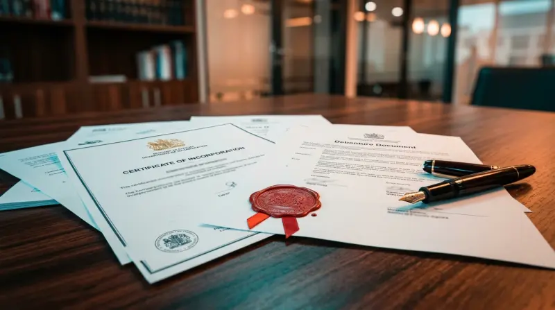Company incorporation documents and debenture on a mahogany desk