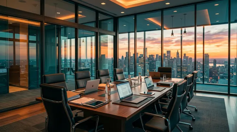 Modern glass boardroom with city skyline at golden hour