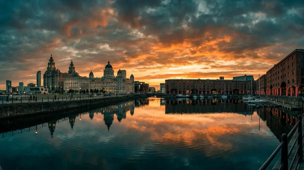 Liverpool waterfront commercial buildings and dockside development at golden hour