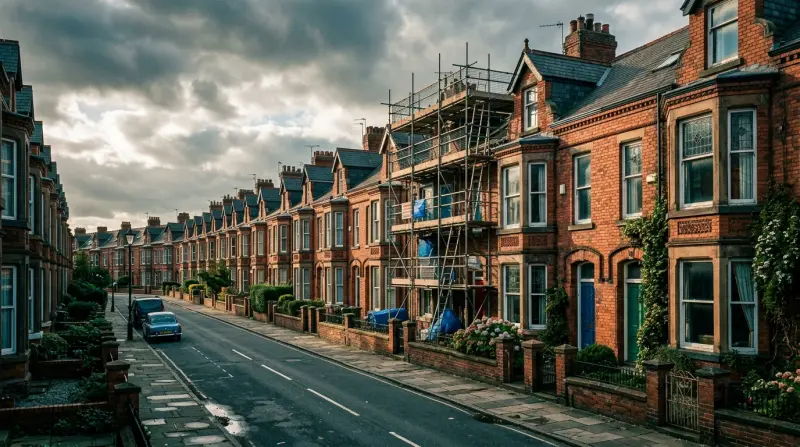 Victorian terraced street in Liverpool with red brick houses and bay windows typical of investment properties