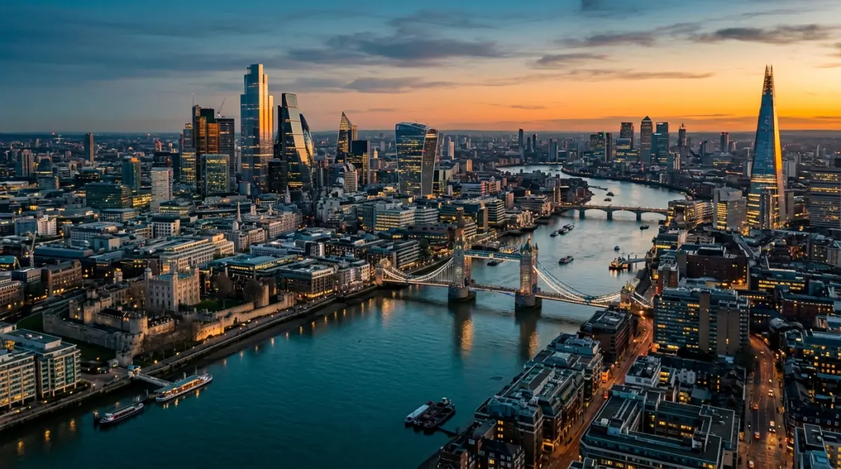 London skyline across the Thames at dusk showing The Shard, City of London and Canary Wharf towers