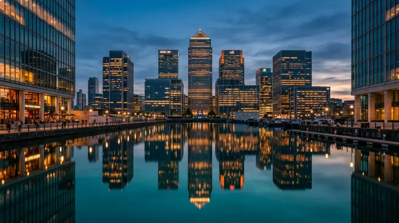 Canary Wharf financial district office towers reflected in still dock water at blue hour