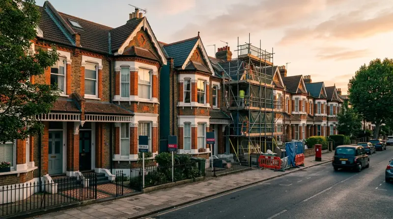 Victorian London terraced houses with renovation scaffolding on one property and estate agent boards outside others
