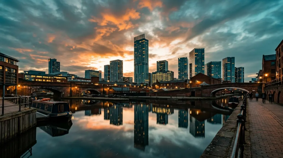 Manchester commercial skyline at dusk with Beetham Tower and Deansgate Square reflecting warm light across the city centre