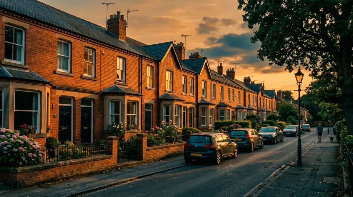 Row of terraced investment properties on a residential street with warm evening light