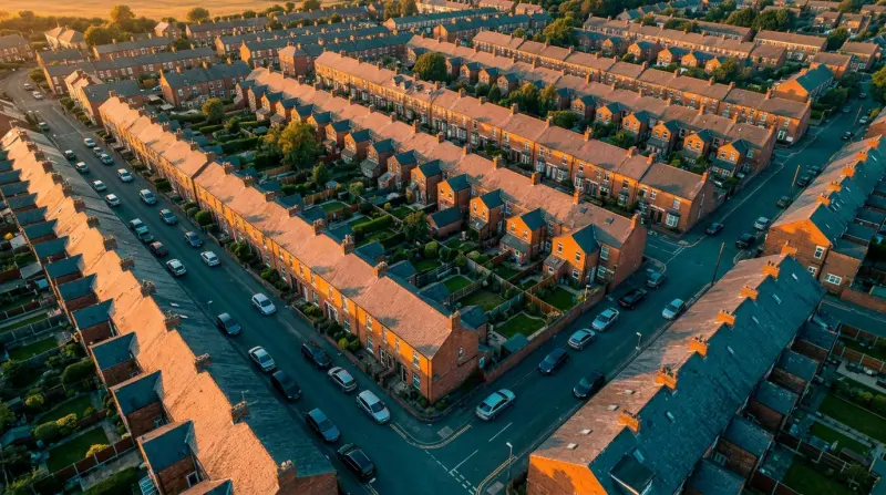 Aerial view of terraced houses in a UK residential investment area