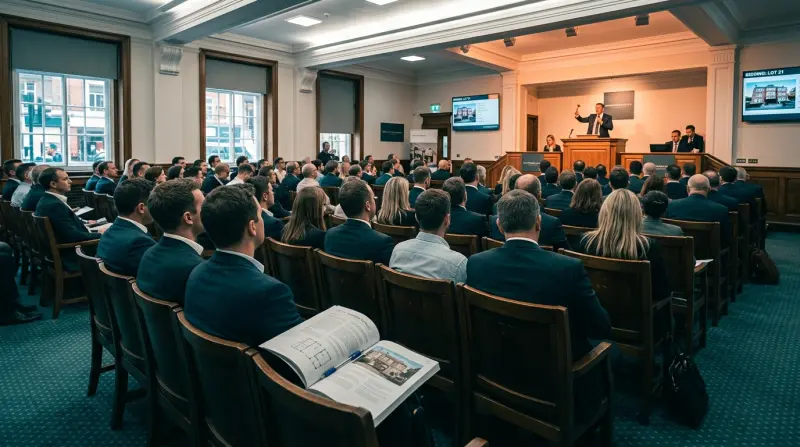 Interior of a UK property auction room with rows of seats and auctioneer podium