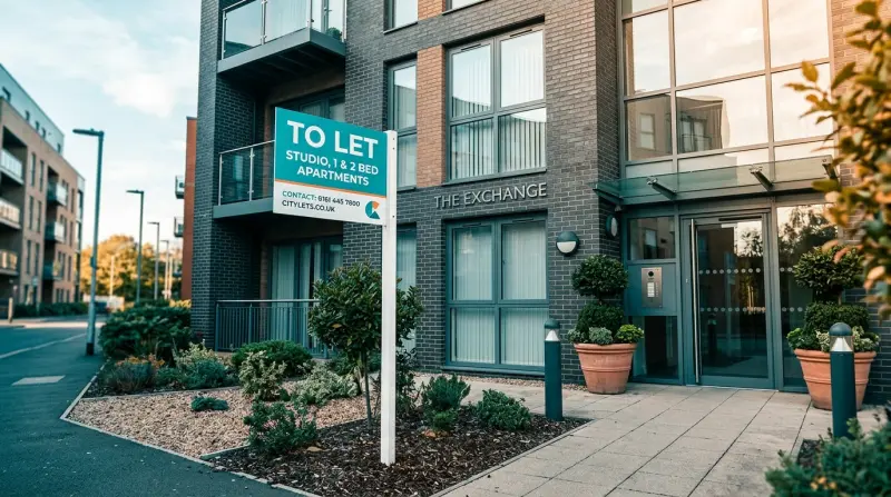Modern UK apartment building with letting sign outside the entrance