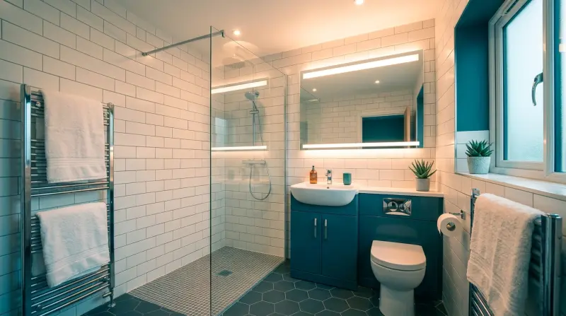 Modern renovated bathroom in a UK rental flat with white tiles and chrome fixtures