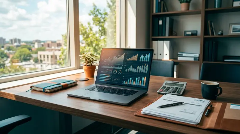 Business planning desk with laptop showing financial charts and calculator