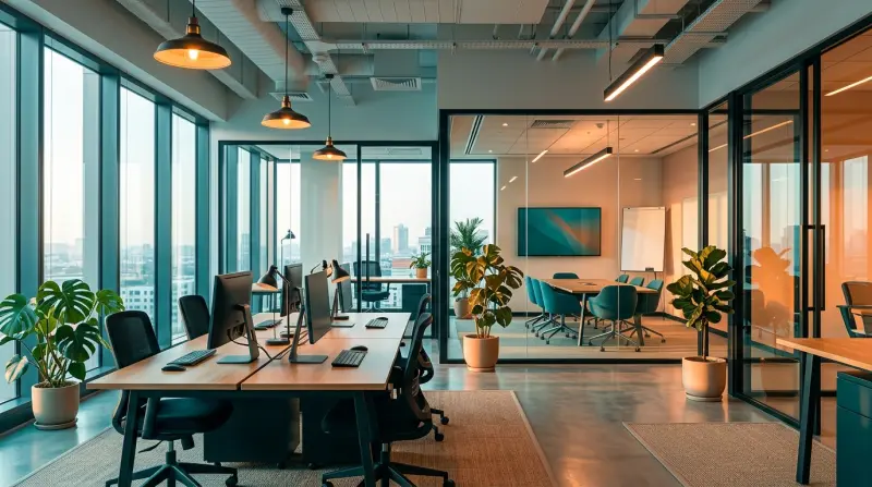 Modern serviced office interior with hot desks and glass partitions in natural light