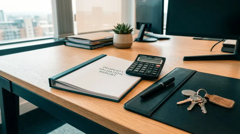 Property valuation report with calculator and keys on a bright desk