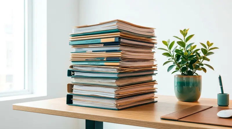 Growing stack of financial documents beside a potted plant symbolising business growth