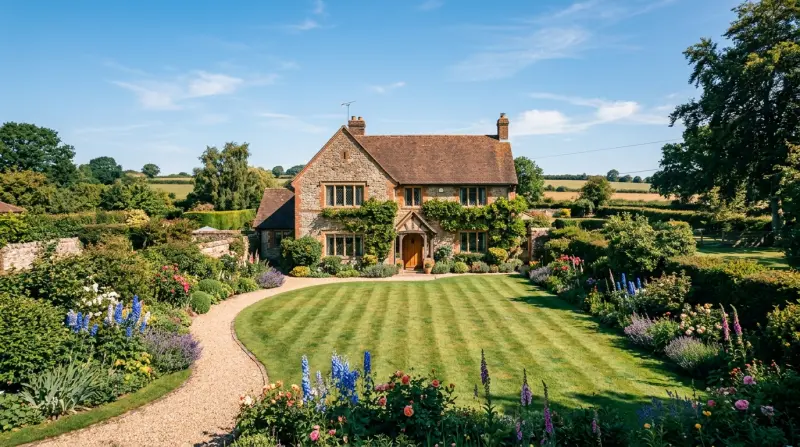 Well-maintained detached house in the English countryside representing property security