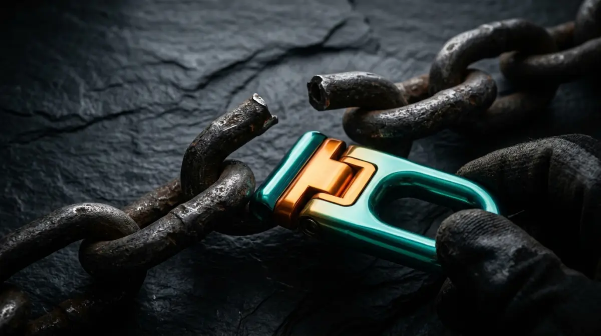 Broken chain links being reconnected with a golden bridge piece representing chain break finance