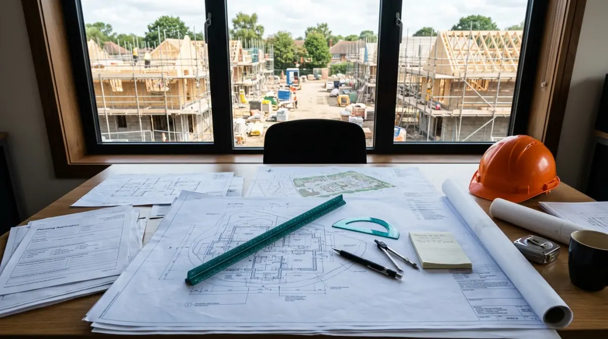 Architectural blueprints and planning documents spread on a desk with a construction site visible through the window