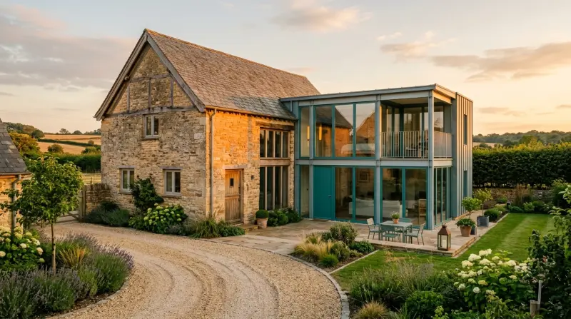 Converted barn development with modern glass extensions in a rural UK setting