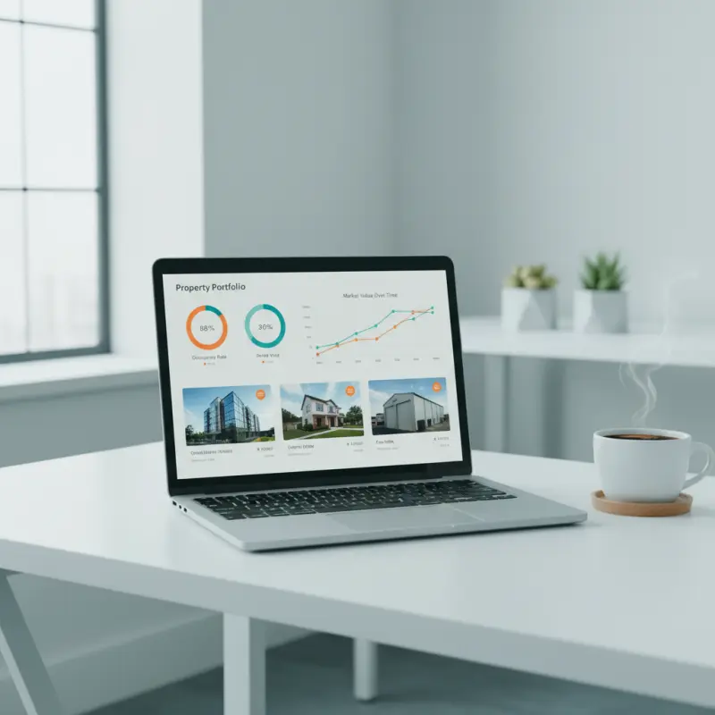 Laptop showing property portfolio dashboard on a clean desk