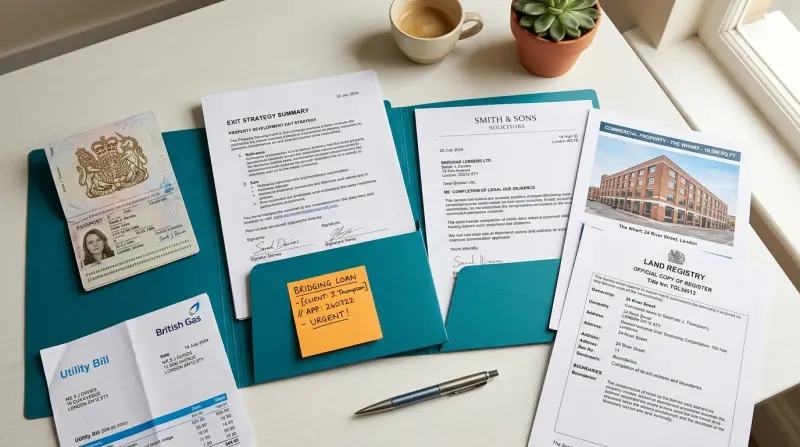 Organised application documents laid out on a desk with identification, property details, and financial statements ready to submit